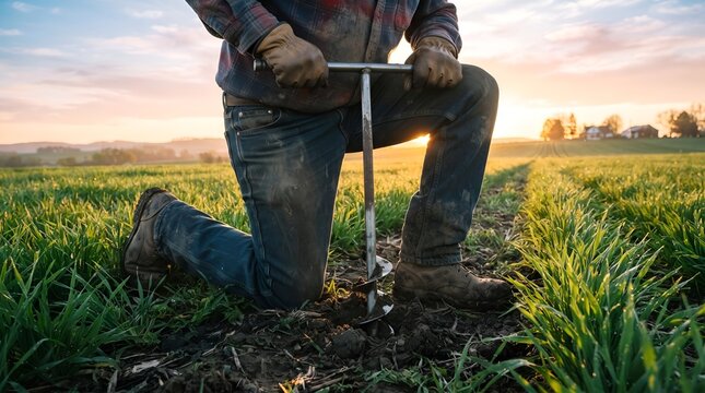 Farmer Collecting Soil Sample With Auger in Green Crop Field