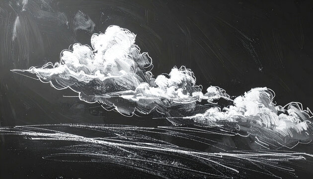 Simple chalkboard sketch of white clouds on black
