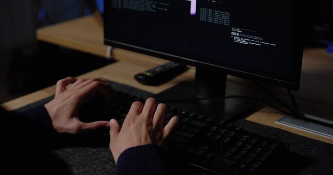 Technology professional types programming code on keyboard, reviews software data on computer monitor, then points toward system interface during cybersecurity analysis workflow inside modern office.