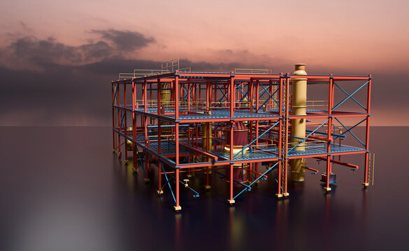 Offshore-style 3D platform reflected at dusk