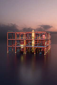 Compact 3D Refinery Beneath a Warm Evening Sky