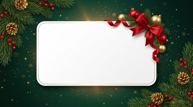 Rectangular white card with rounded corners, decorated with red ribbon bow, gold ornaments, pine branches, and red berries on a dark green background