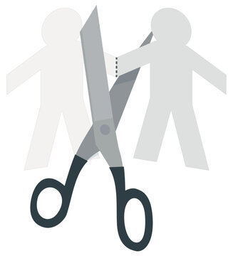 Vector illustration of scissors cutting paper chain gay couple figures, symbolizing marriage breakup, divorce, conflict, and separation (cut out)