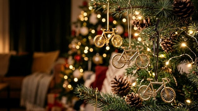 Small gold bicycle ornaments hang from lush pine tree branches while glowing festive fairy lights twinkle softly in the cozy evening ambiance of a traditional living room during the winter
