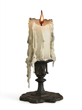 Vintage heavily melted off white pillar candle with burning flame sits on ornate dark cast iron candlestick isolated on plain solid white background