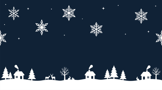 A beautiful dark blue christmas background vector featuring a snowy village landscape with falling snowflakes for winter holiday design projects