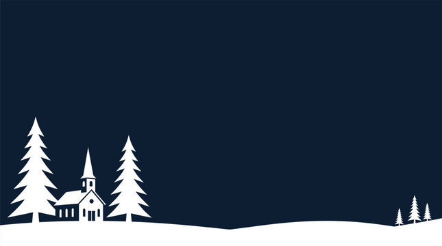 Minimalist christmas background vector featuring a white silhouette of a winter church and pine trees on dark blue backdrop