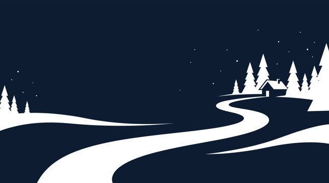 A minimalist christmas background vector featuring a snowy landscape with a small cabin surrounded by pine trees at night