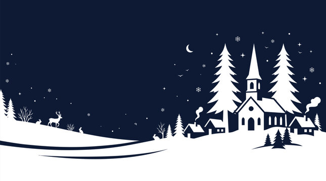 A beautiful blue and white christmas background vector illustration featuring a peaceful winter village scene with a small church