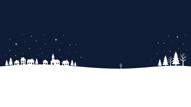 A beautiful dark blue winter landscape featuring a snowy village silhouette for a festive christmas background vector design project