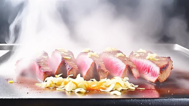 激しい白い蒸気と熱気が立ち上る鉄板の上で香ばしく焼かれるガーリックチップと厚切りステーキの迫力溢れる全景