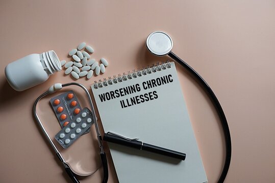 WORSENING CHRONIC ILLNESSES. Medical concept. Healthcare. Health conditions requiring ongoing medical treatment, illnesses that persist and may progressively worsen over time