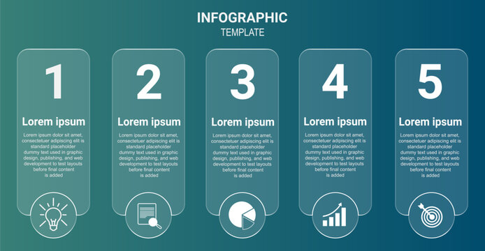 Five Step Business Infographic Template with Numbered Process Icons and Teal Blue Design