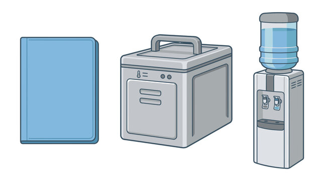 Simple line art digital illustration of everyday office and home technology items, including a closed book, portable appliance, and water cooler dispenser.
