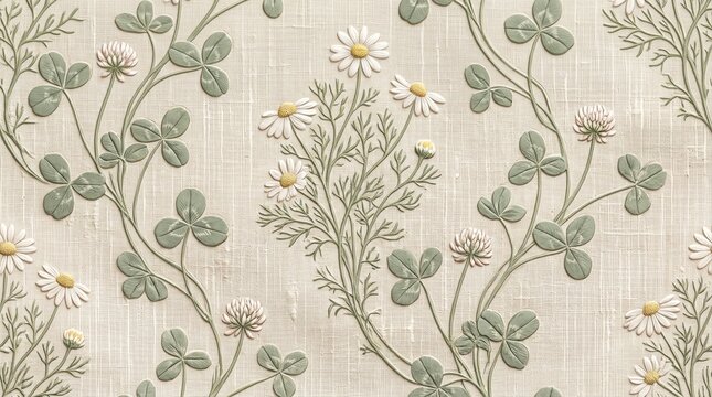 Seamless pattern with embossed white chamomile flowers and green clover leaves on a textured beige linen fabric background