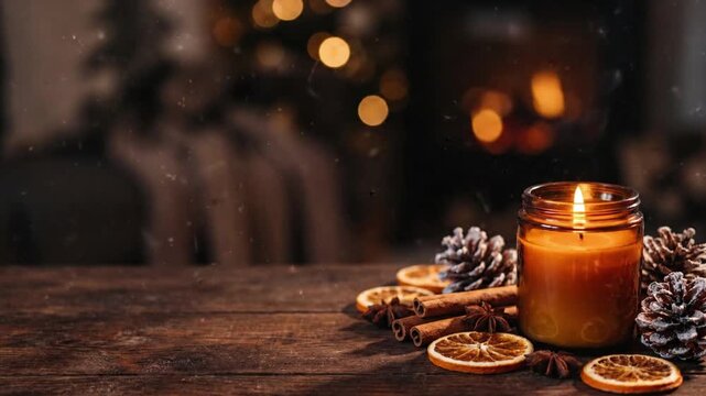 Glowing winter scented candle with cinnamon and pine cones on wooden table with warm bokeh and copy space
