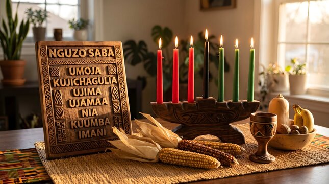 Kwanzaa celebration table with lit kinara and nguzo saba plaque