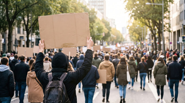 Rear view of a person with a backpack holding an empty sign high above a crowd walking on a street during a protest