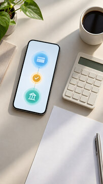 Financial monitoring app on smartphone with agent risk analysis workflow beside calculator and coffee