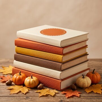Stack of colorful books with pumpkins and autumn leaves on a wooden table  