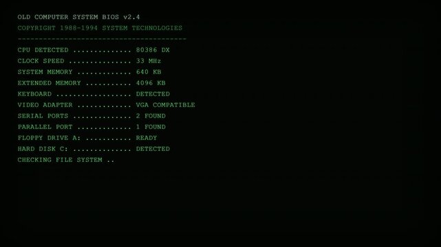 Full-screen vintage computer terminal animation with green phosphor command-line text, BIOS diagnostics, memory checks, system initialization, and a blinking cursor on a solid black background.