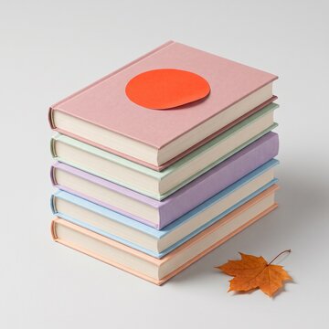 Stack of colorful books with a sticker and autumn leaf  