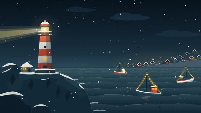 Christmas lighthouse on a snowy rocky coast at night, warm beam sweeping the sea, fishing boats with string lights bobbing, falling snow, seamless loop flat vector animation