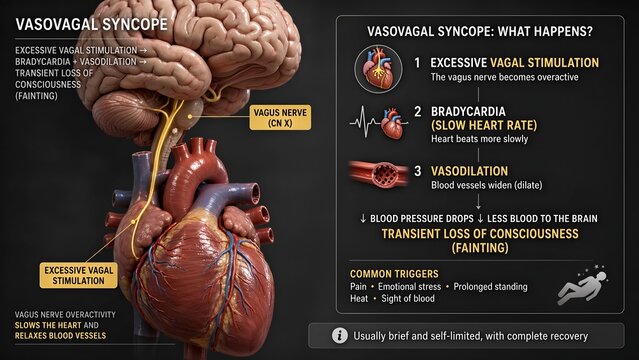 3d medical illustration of heart and brain model showing vasovagal syncope with zoomed inset depicting vagal nerve stimulation causing bradycardia vasodilation and transient fainting loss