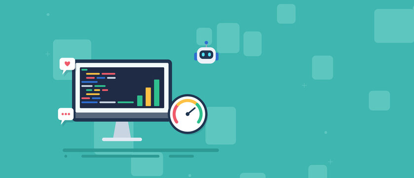 AI code optimization banner with agent monitoring script runtime speed and performance gauge on monitor for programming, copy space for text