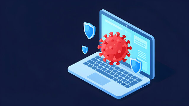 Isometric laptop with red virus particle malware infection concept