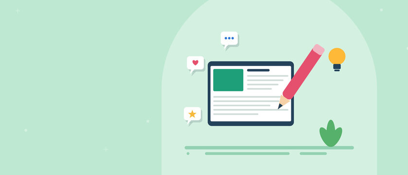Blog writing and content creation banner with pencil on tablet, article publishing and social media sharing, copy space for text