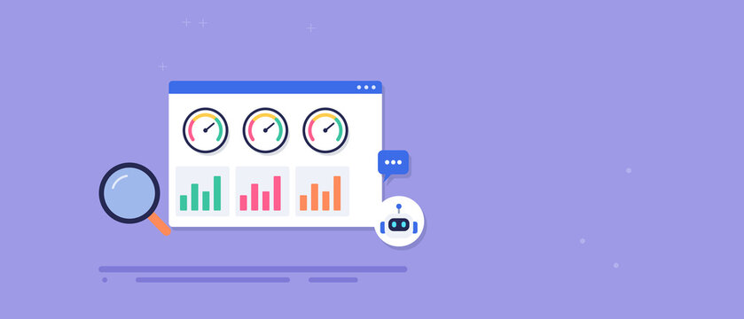 SEO toolkit dashboard banner with performance gauges, charts and ai chatbot assistant for search visibility tracking, copy space for text