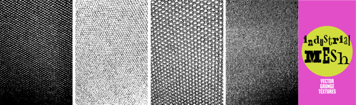 Set of four industrial mesh grunge textures, woven fabric, net and twill patterns. Vector distressed overlay