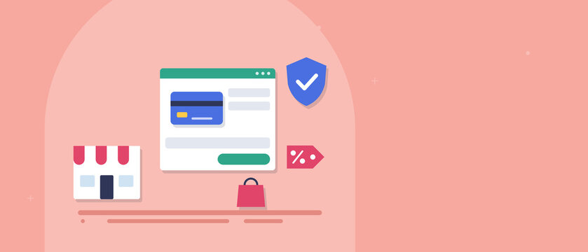 Secure payment gateway banner for online store with credit card form, shield protection and discount tag, copy space for text