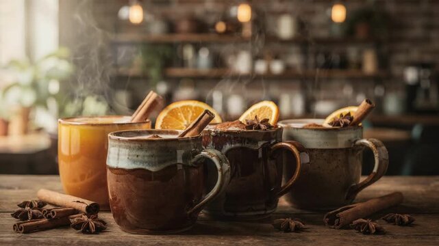Rustic mugs of spiced mulled drinks with cinnamon sticks and orange slices on cafe counter, concept of cozy autumn promotions for seasonal cafe menus
