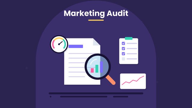 Marketing audit illustration with report, magnifier, checklist, gauge and charts for strategy analysis and SEO ranking review
