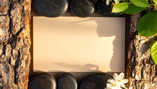 Empty paper card mockup with tree bark black stones and white flowers frame 3d render
