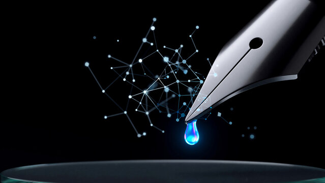Futuristic fountain pen dropping glowing neon blue digital ink network, 3D render concept for AI writing, smart contracts, and cyber communication
