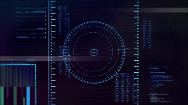 At the center, there is a radar-like visualization or circular target, surrounded by data charts, lines of program code, statistical graphs, and scanning distortion (glitch) effects&mdash;all of which evoke