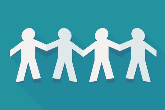 Flat design illustration of paper cut men holding hands in a chain, symbolizing community unity, teamwork, and social solidarity