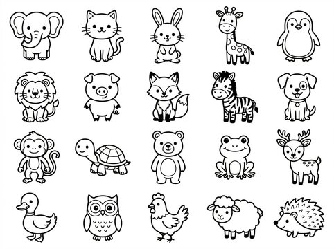 Cartoon animal characters collection featuring diverse wildlife in a clean line art style for kids coloring books and educational projects