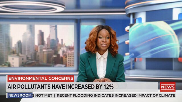 Portrait of a Black Female News Anchor Reporting Environmental Concerns and Percent Rise in Air Pollutants, Speaking Directly to the Camera With Lower Third Headlines in a Live Studio News Broadcast.