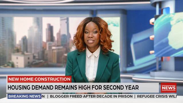 Portrait of a Black Female News Anchor Presenter Reporting on New Home Construction and High Housing Demand,  Lower Third Headlines During a Live Television News Broadcast in the Studio.