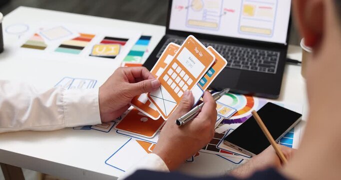 Digital product design and interface development concept, focusing on collaborative brainstorming, visual design planning, and prototype evaluation to build engaging website and mobile app.