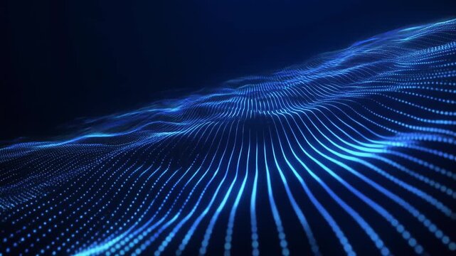 右側から美しい弧を描き波状に広がる青い光粒子の曲面が量子コンピューティングの先進的フィールドを表現する3Dデジタル空間
