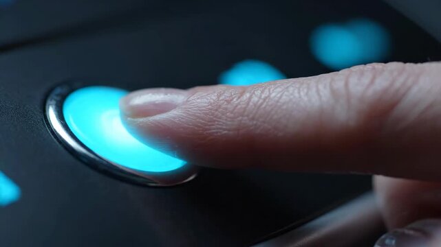 Finger pressing a glowing blue biometric sensor for secure digital access