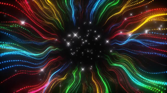 黄緑や赤の鮮烈な光粒がうねりを上げて暗闇に吸い込まれる立体的な映画風背景