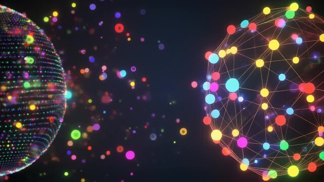 純白背景の右側に色鮮やかなノードを持つネットワーク球体を配置しポップなパーティクルが空間を彩るアクティブなデジタルデザイン