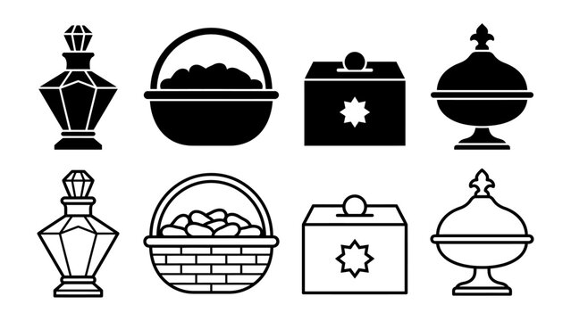 Container Collection: A set of diverse containers, including bottles, baskets, boxes, and jars, presented in both black and white outline and silhouette forms.