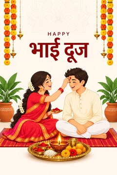 Brother and sister celebrating bhai dooj with tilak ceremony and festive decorations